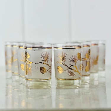 Vintage Libbey Glasses, Frosted, Pine Cones, 22 karat, set of 8, holds 4 fl oz, retro barware, mid century modern style, collectible, gift 