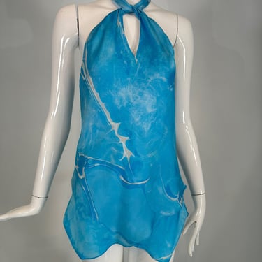 SOLD Ralph Lauren Black Label Blue &amp; White Silk Print Asymmetrical Hem Halter Top 6