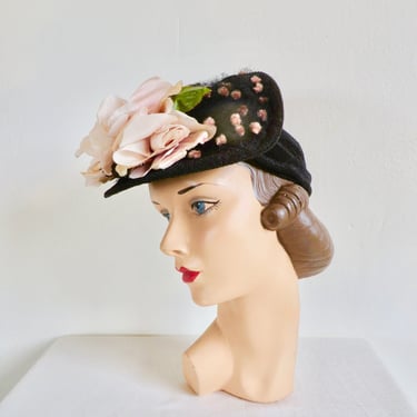 1940's Black Fabric Tilt Hat with Pink Silk and Velvet Roses Flocked Veil Trim Headband Holder WW2 Era Rockabilly Swing 40's Millinery 
