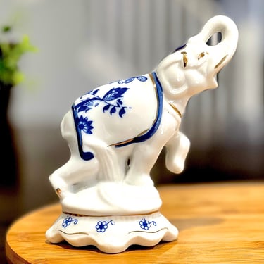 VINTAGE: Blue and White Porcelain Elephant Figurine - Hand Painted - Good Luck - Gift Idea - SKU 23-D-00035340 