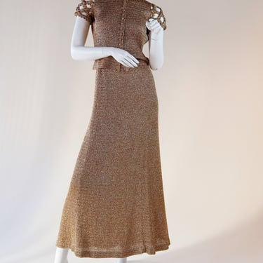 gold lurex knit set with elaborate cage cap sleeve 