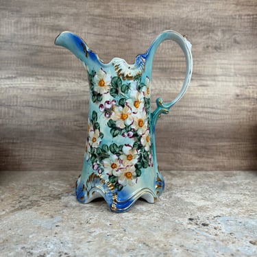 Colorful Limoges-style Pitcher with Hand-Painted Flowers 