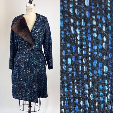Future Vintage Dries Van Noten Blue and Black Belted Tweed Trench Coat with Rabbit Fur Collar S 