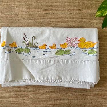 Vintage French Flat Sheet - White Cotton King Size Sheet with Yellow Ducks - Hand Painted - French White Bedding 