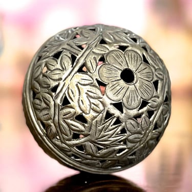 VINTAGE: Silver Brass Potpourri Pierced Ball Ornaments - Incense Holders - Pierced Trinket - Flower 