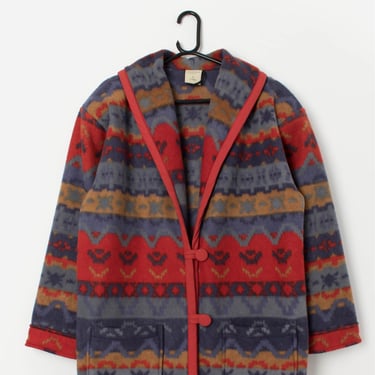 Vintage Aztec oversized fleece coat in blue and orange - Large 