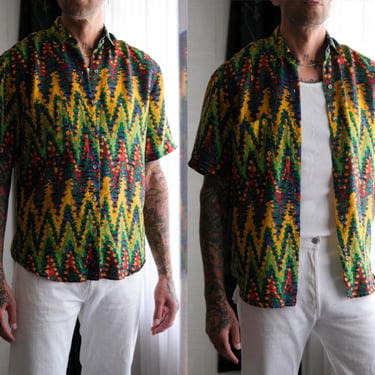 Vintage 90s PERRY ELLIS Vibrant Abstract Zig Zag Silk Short Sleeve Shirt | 100% Silk | 1980s 1990s Designer Silk Party, Festival Mens Shirt 