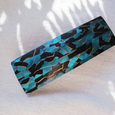 Vintage Oversized Hair Barrette - 80s Teal Black Mother of Pearl Terazzo Shell Jumbo Rectangle Hair Clip - Made in France 