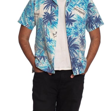 1960S Blue Cotton Men's Barbados Tropical Scenic Hawaiian Shirt 