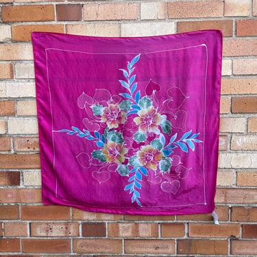 vintage hot pink peony print silk scarf / 29in x 29in 