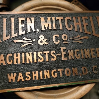 Antique Allen Mitchell & Co Machinists Engineers Washington D.C Brass Nameplate