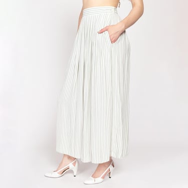 Medium 80s White & Sage Green Pinstriped Maxi Skirt 28