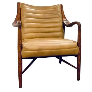 Mid-Century Modern Tan Channeled Leather Tufted Lounge Chair