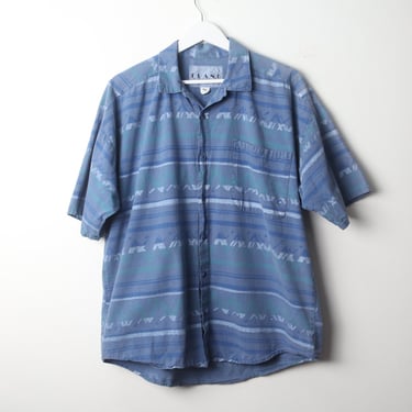 vintage 1980s/90s colorful BLUE dark slouchy boxy men's SWIRL pattern button down summer shirt -- size MEDIUM 