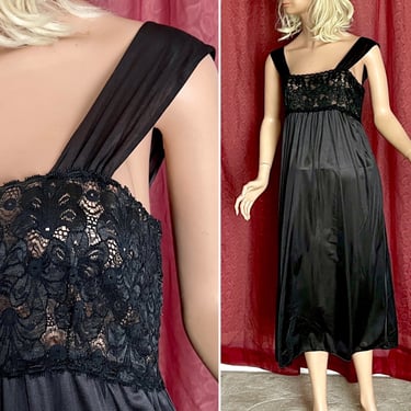 Vintage Slip Dress, Sheer Lace, Wide Straps, Black Nylon, Nightie, Vintage Lingerie 
