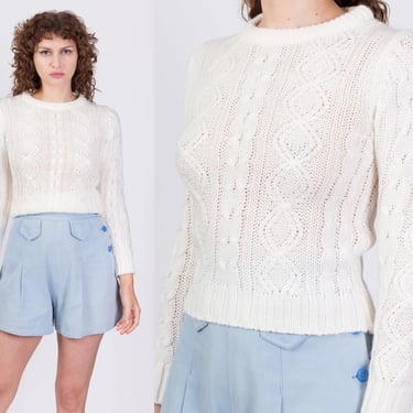 Vintage White Cropped Cable Knit Sweater - Extra Small | 80s Soft Knit Pullover Jumper 