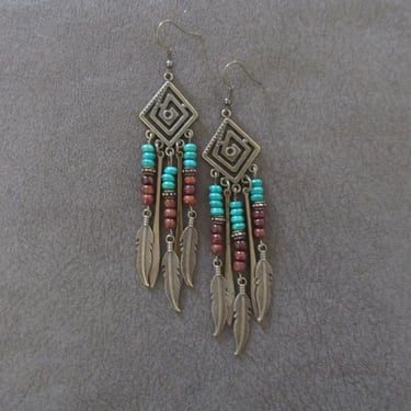 Southwestern green stone and antique bronze feather chandelier earrings 