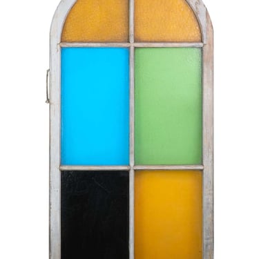 Antique 5 ft Roman Arch Pine Frame Stained Glass Window