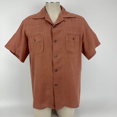 1950's Rayon Shirt - Soft Fabric with Top Stitching Details -  Patch pockets - Loop Collar  - Men's Size LARGE 