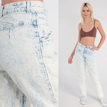 Acid Wash Jeans 80s Mom Jeans Denim High Waist Jeans 1980s White Blue Tapered High Waisted Denim Pants Vintage Small 28 