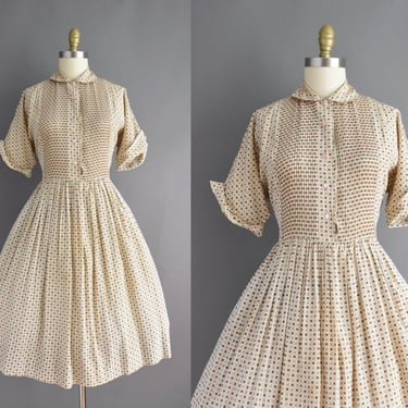 1950s dress | Pink & Green Geometric Print Short Sleeve Shirtwaist Full Skirt Dress | Large | 50s vintage dress 