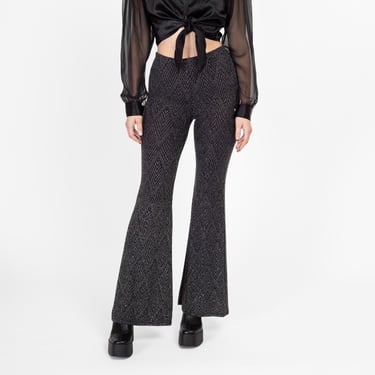 Medium Y2K Black & Silver Metallic Knit Bell Bottoms | Vintage High Waisted Stretchy Flared Pants 