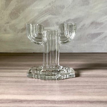 Vintage glass cactus shape candelabra candle holder, Hocking glass Co. Queen Mary Cactus double candle holders 