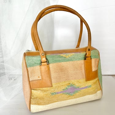 Desert Earth Tones, Vintage Handbag, Kilim Tapestry Large Purse, Leather Trim, Carpet Bags America 