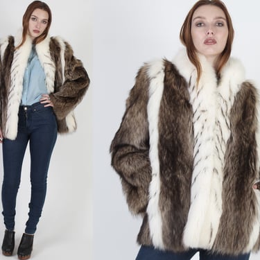 80s Arctic Fox Coat, Real Shaggy Raccoon Fur Jacket, Large Plush Collar Apres Ski Jacket 