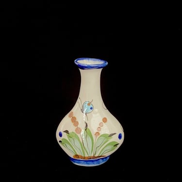 Vintage Modernist Mexican Tonala Art Pottery Hand Painted Vase with Floral & Butterfly Scene 4.5" Tall Artist Signed Reyna 