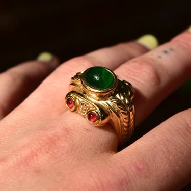 Modernist Gaudy Gold-Toned Ring with Green, Red, and Pink Glass Cabochons Set in Overstated Gold Detailing, Costume Jewelry, 8.5 US 