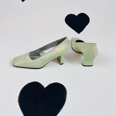 90's 00's y2k square toe mint metallic heels shoes curved wide heel silver pastel green suede striped Proxy pumps Made in Spain size 6 1/2 