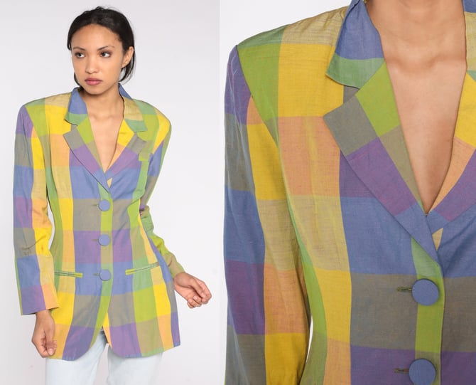 PLAID MOHAIR BLAZER Vintage Jacket Blue Green Yellow Preppy Colorful Bright 90's  Small