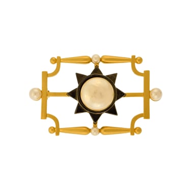 Karl Lagerfeld Vintage Brushed Gold and Gunmetal Framed Pearl Brooch Pin