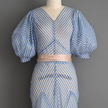 Vintage 1930s Dress | Outstanding Blue Chevron Stripe Balloon Sleeve Silk Chiffon Bias Cut Dress | Small 