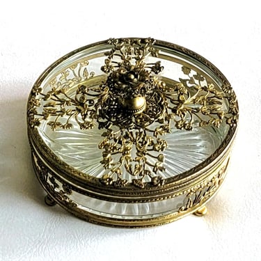 French Ormolu Glass Lidded Jewelry Trinket Bowl / Jar 