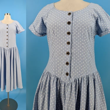 Vintage 80s Plain Jane by Sweet Baby Jane Small Blue Swiss Dot Short Sleeve Half Button Dress 