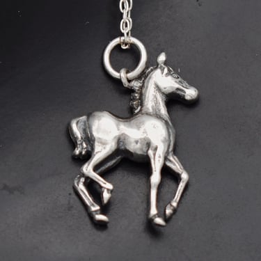 70's sterling prancing horse foal pendant, charming 925 silver colt filly rolo chain necklace 