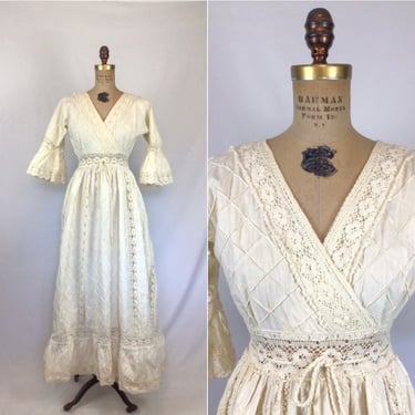 Vintage 70s dress | Vintage cream cotton lace boho dress | 1970s Gunne Sax style cottage core dress 