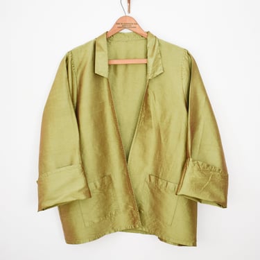 Vintage 1990s Mary Ann Restivo Iridescent Green Silk Jacket | OS | 90s Designer Silk Shantung Dress Jacket with Pockets | Swing Cut 