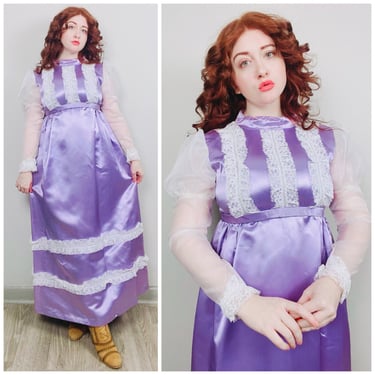 1970s Vinage Purple Satin Empire Waist Prairie Dress / 70s / Seventies Juliette Sleeve Lace Trim Maxi Gown / Size Large 