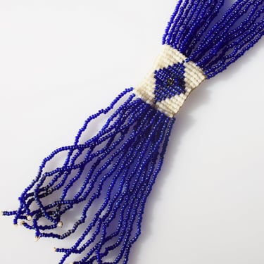 1920s Art Deco Glass Seed Bead Necklace | Blue + White 