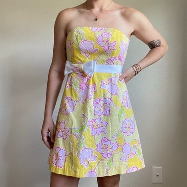 Lilly Pulitzer Strapless Y2K Cotton Yellow Floral Mini Bow Summer Dress Sz 2 