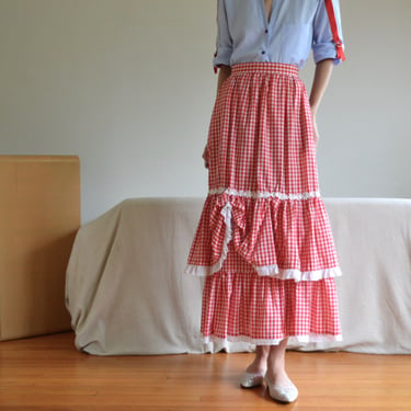 gingham bustle mid length 70s skirt with eyelet trim / 25w 