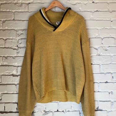 Large, Vintage 1950s Campus Mustard Shawl Collar Sweater, Bulky Knit 