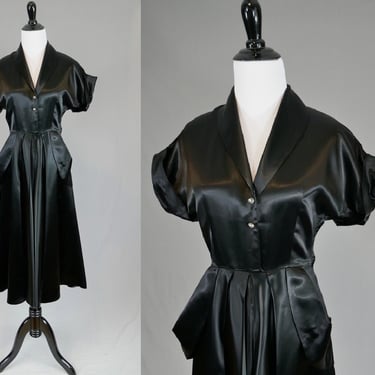 50s Black Satin Party Dress - Full Skirt - Rhinestone Buttons - Vintage 1950s - XS S 