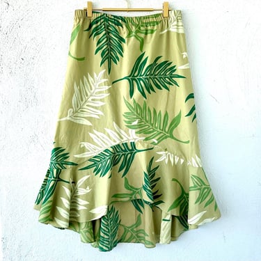 Vintage 80s 90s Hawaiian Fern Skirt Green Hawaii Midi Ruffle Skirt 