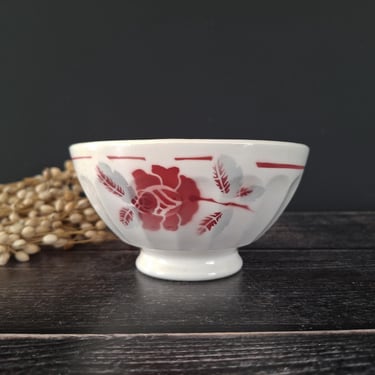 French Cafe au Lait Bowl  Blue and Red Floral Pedestal Bowl Vintage, Shabby Chic, French Breakfast 
