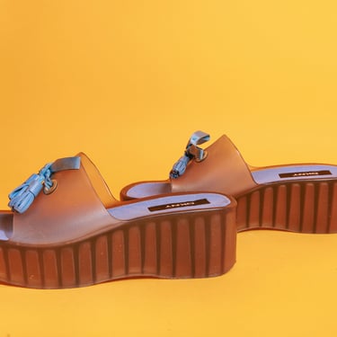 2000s Blue Jelly Slip on Platform Sandals Vintage Y2K DKNY Donna Karan Shoes 