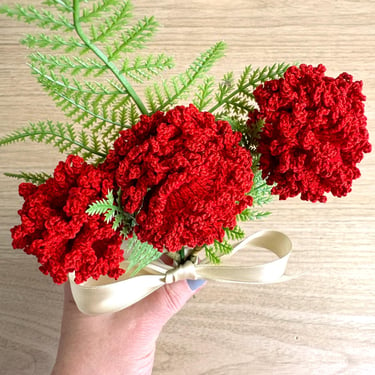 Bouquet of crochet carnations on floral picks - vintage handmade decor 